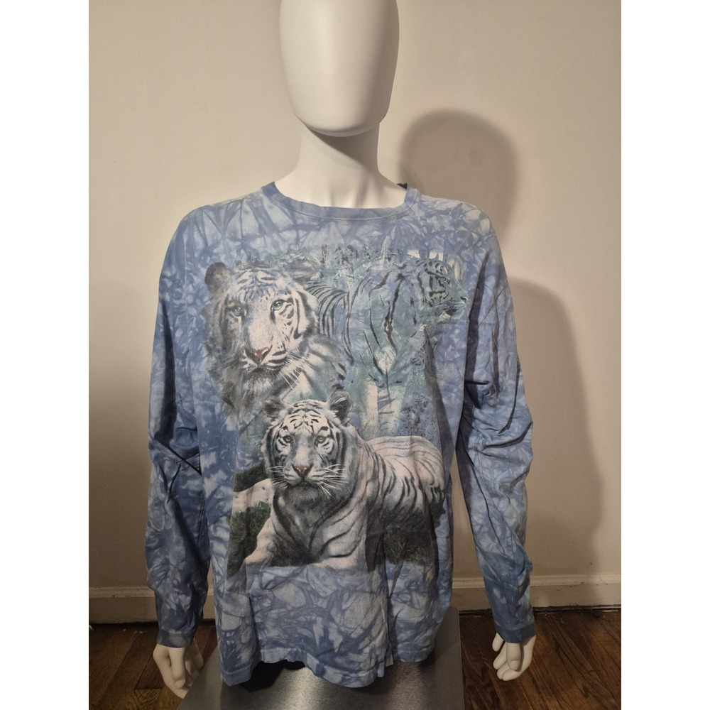 Y2K White Tigers T Shirt Mens XL Blue Tie Dye Wildlife Distressed